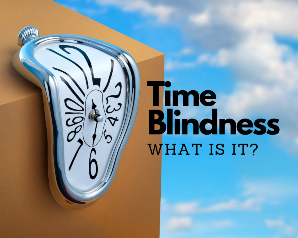 Text overlay: Time Blindness: What is It? Picture of a clock melting off the side of a box. The background behind the box is a blue sky with white clouds.