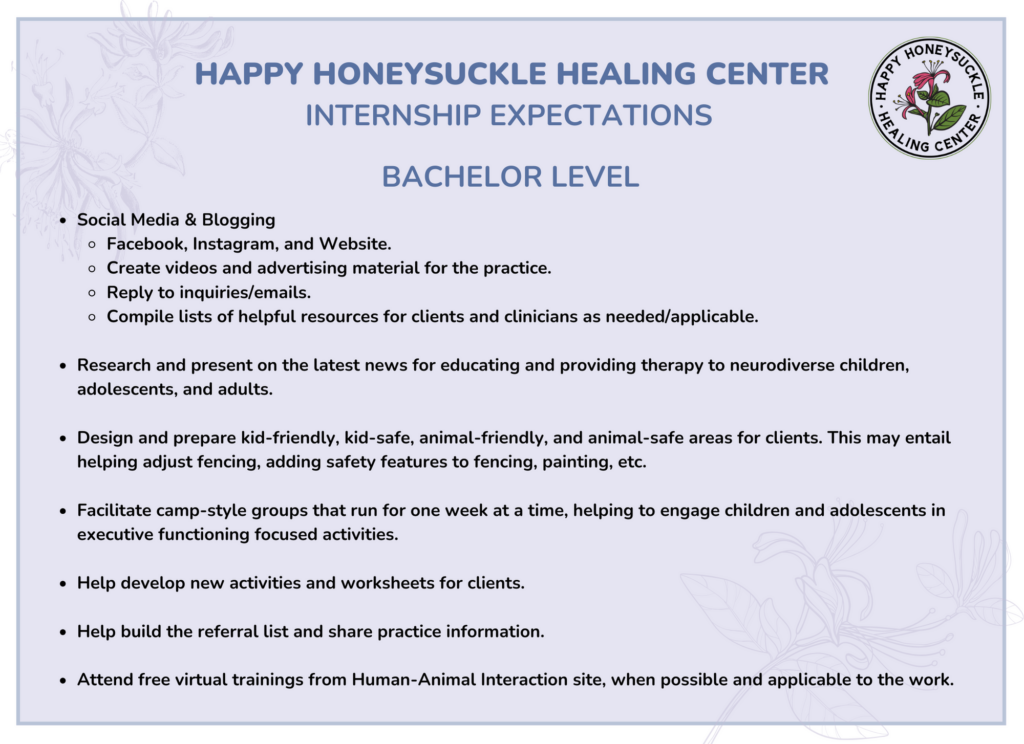 Image is of the bachelor's level intern requirements for an animal-assisted, farm-based therapy practice in Woodbine Maryland (Howard County/Carroll County Maryland). 

Image Text:

Happy Honeysuckle Healing Center Internship Expectations for Bachelors Level Students: 

Social Media & Blogging
Facebook, Instagram, and Website.
Create videos and advertising material for the practice.
Reply to inquiries/emails. 
Compile lists of helpful resources for clients and clinicians as needed/applicable. 

Research and present on the latest news for educating and providing therapy to neurodiverse children, adolescents, and adults.

Design and prepare kid-friendly, kid-safe, animal-friendly, and animal-safe areas for clients. This may entail helping adjust fencing, adding safety features to fencing, painting, etc.

Facilitate camp-style groups that run for one week at a time, helping to engage children and adolescents in executive functioning focused activities.

Help develop new activities and worksheets for clients.

Help build the referral list and share practice information.

Attend free virtual trainings from Human-Animal Interaction site, when possible and applicable to the work.