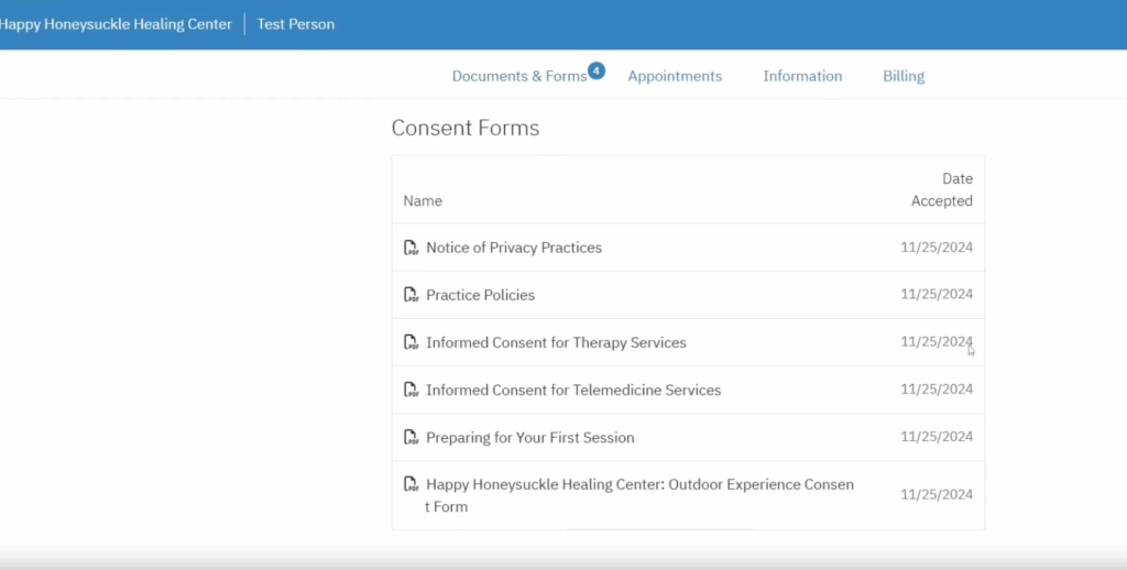 Step 2: From the main screen, you'll be able to view your documents and forms. Click on appointments in the top menu. Other options include billing, information, documents and forms.