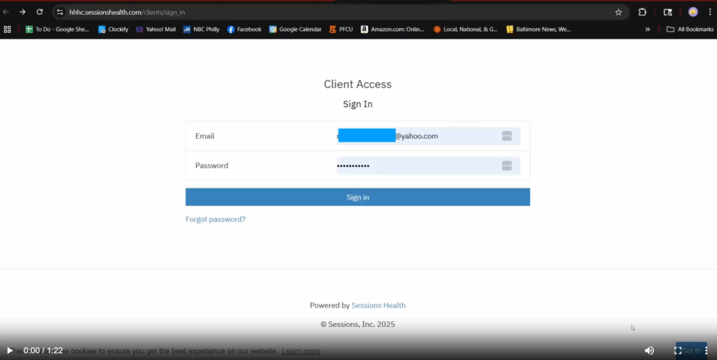 Logging into Sessions Health EHR with email and password.