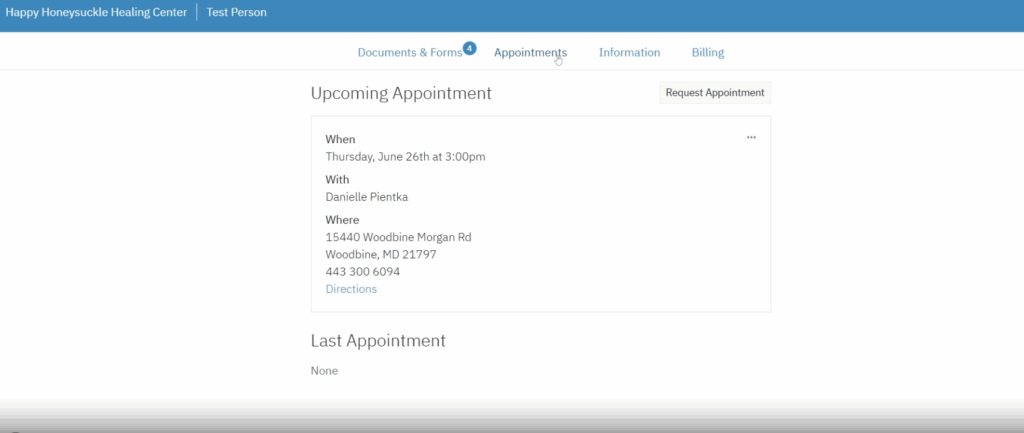 Step 3: When you click on appointments, any upcoming appointments will show up. In this case, it says the next appointment is June 26 at 3pm with the therapist name and address of the therapy practice. There are three dots in the top right corner next to the appointment for canceling.