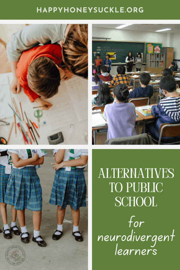 Collage-style graphic with four panels. Top left: child writing on paper with pencils and a calculator nearby. Top right: classroom scene with students sitting at desks facing a teacher and chalkboard. Bottom left: group of students wearing matching blue plaid skirts, white shirts, and black shoes, standing in a row. Bottom right: green box with white text reading ‘Alternatives to Public School for neurodivergent learners.’ Website name ‘happyhoneysuckle.org’ appears at the top.