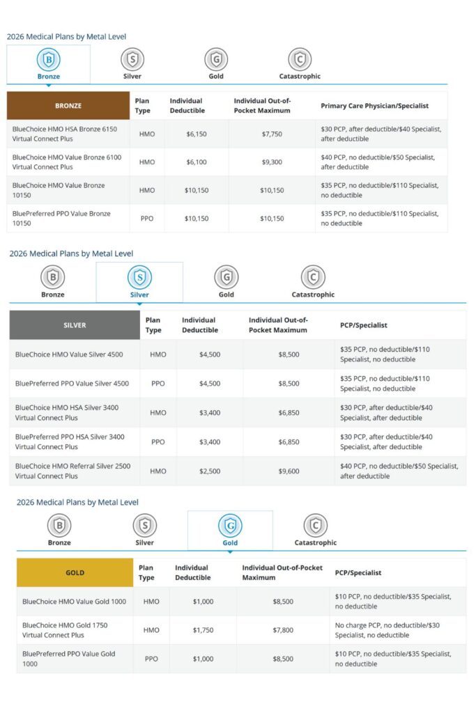 Health care coverage, example of common plans in our state for health insurance. Bronze, silver or gold.